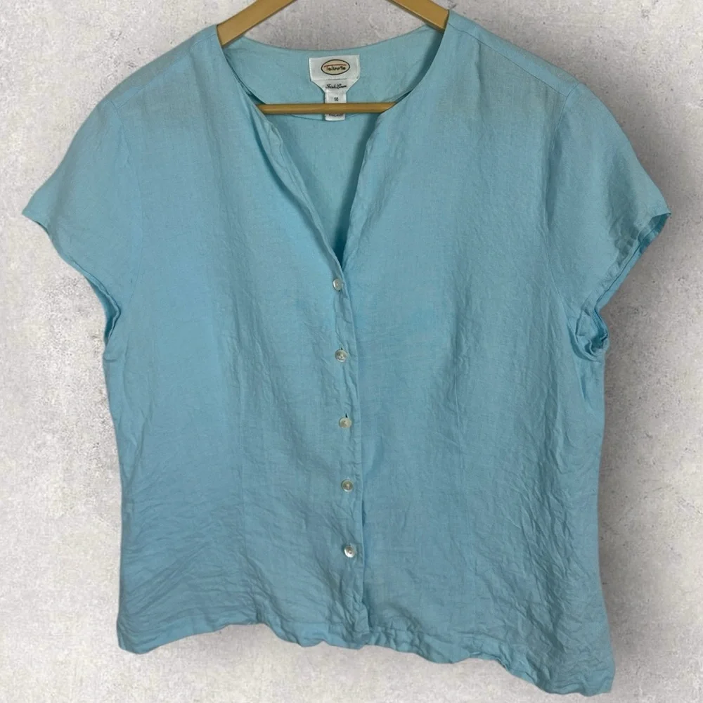 Talbots 100% Irish Linen V-Neck Button Down Short Sleeve Blouse Size 16 Blue Top - Picture 11 of 12